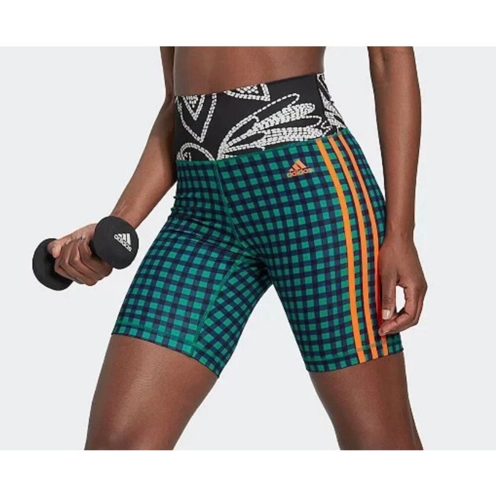 Adidas x FARM Rio High Rise Biker Shorts Colorful Check Print Womens XS NWT - Picture 2 of 6